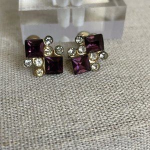 Vintage Coro Signed Purple Clear Rhinestones Screw Back Earrings 5/8”